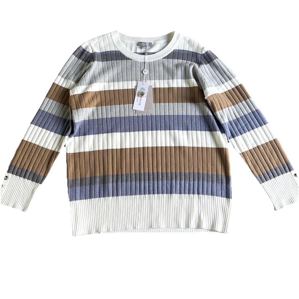 EVOLUTION‎ BY CYRUS Rooney Ribbed Sweater 1X Button Cuff Bone Combo Stripped NWT